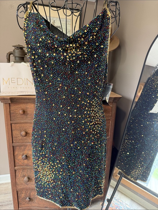 Chaudry Dresses & Skirts - Beautiful Black Sequin Cowl Neck Mini Dress with Multicolor Sequins❤️